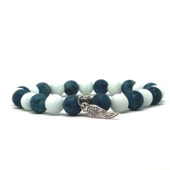   Amazonit, festett kvarc és matt kék achát angyalszárny medálos karkötő