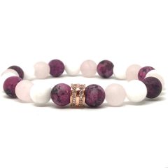   Fehér Jáde, Rózsakvarc és festett Kvarc Rózsaarany Cirkón Gyűrűs karkötő