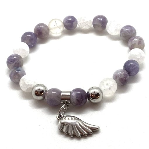 Lepidolit és Hegyikristály acél angyalszárny medálos karkötő